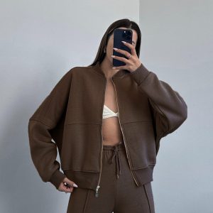 Cross-border European and American solid color zipper cardigan sweatshirt women's fashion casual straight pants set – Image 4