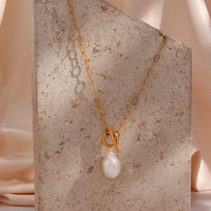 European and American ins fashion and versatile pendant jewelry women's stainless steel baroque freshwater pearl paper clip chain necklace – Image 5