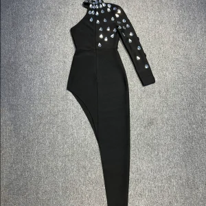 Heavy industry evening dress, light luxury, high-end sense of one-shoulder, long-sleeved, crystal diamond, high slit, sexy banquet, annual party, evening dress, long skirt – Image 5