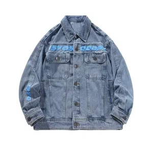 Monogram print denim jacket men's spring and autumn fashion brand loose and versatile casual design sense niche couple cargo jacket – Image 5