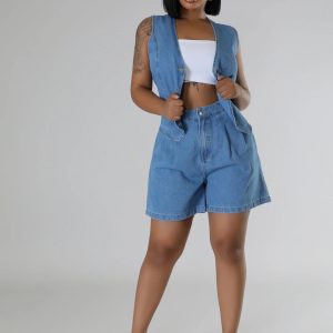 Independent station cross-border European and American style summer fashion casual sleeveless high-waisted women's suit denim shorts 16887 – Image 4