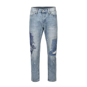 CWHAT high street TRAVIS SCOTT style embroidered burnt flower tide brand destruction loose small straight jeans men – Image 4
