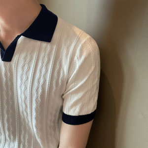 Summer breathable Italian color-block light mature trendy men polo shirt V lapels stretch jacquard texture slim fit short sleeve knit – Image 4