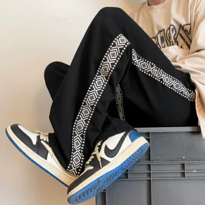 Men's and women's large size casual sports pants loose straight mopping personality side geometric striped webbing long trousers trendy – Image 3
