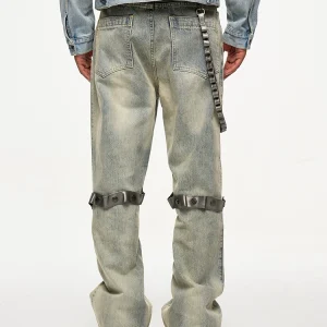 CWHAT high street detachable leather chain tie yellow wash distressed casual relaxed straight-leg raw-hem jeans – Image 3