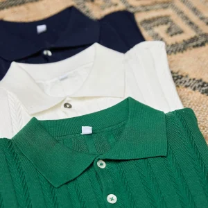 Mr. Lusan jacquard herringbone lapel polo shirt casual retro slim short sleeve knit versatile t-shirt men – Image 6