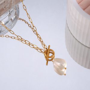 European and American ins fashion and versatile pendant jewelry women's stainless steel baroque freshwater pearl paper clip chain necklace – Image 6