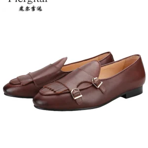Italy, OEM reddish-brown cowhide, metal buckle, monk shoes, tassels, lazy loafers, men – Image 3