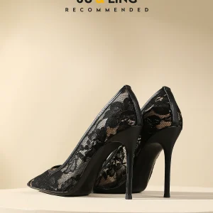 Black lace high heels with cheongsam women's 2024 new spring sexy openwork air quality goddess fan pointed toe single shoes – Image 3