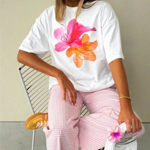 European and American new cross-border foreign trade fashion, simple trend print, short sleeve round neck top, loose casual T-shirt, women's clothing – Image 3