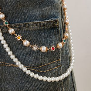 European and American pearl small flower trouser chain high-end sense boys hip-hop niche jeans hanging chain men's waist chain chain accessories – Image 5