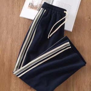 Copper sulfate color wear! navy blue american striped straight sweatpants men's retro athleisure pants women's autumn – Image 3