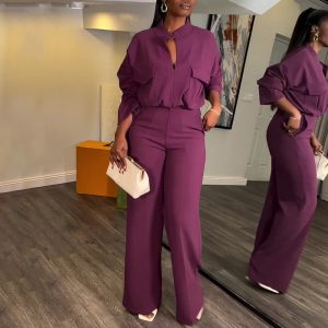 Spot cross-border European and American plus size women's 2025 spring new casual V-neck long sleeve top wide-leg trousers set – Image 3