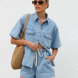 Cross-border 2025 summer European and American foreign trade women's casual loose pocket short-sleeved shirt denim two-piece suit 8961 – Image 5