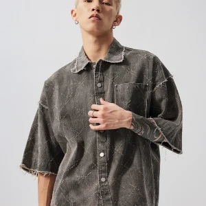 Versatile Pocket, Lapel Button, Cardigan, Short Sleeve, Loose Casual Retro, Distressed Raw Edges, Polo Shirt – Image 4