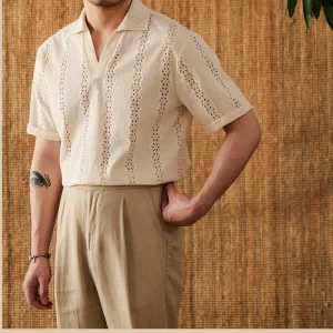 Mr. Lusan Cotton Loose Cut-out Knit Polo Shirt Men's Summer Short Sleeve Breathable Casual Breathable Pullover Top T – Image 3