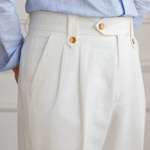 Mr. Lusan summer gentleman cotton linen high-waisted straight leg slacks men's British versatile breathable fashion Italian pants – Image 4