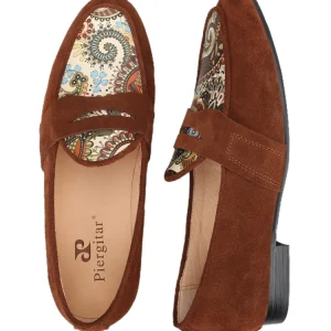 Brown nubuck leather stitched cashew flower top layer cowhide men's single shoes European and American style classic penny loafers men – Image 3