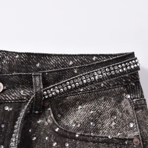 CWHAT retro AC style full of diamond print, hot diamond belt wash, distressed casual and relaxed trendy straight-leg jeans – Image 8