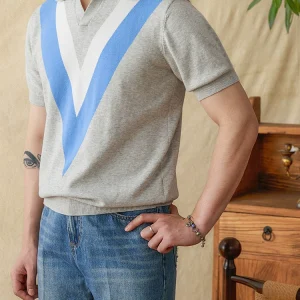 Mr. Lusan's pure cotton high-end V-neck casual color-blocked knit short-sleeved polo shirt men's breathable commuting Italian lapels – Image 4