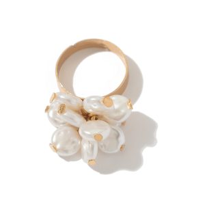 European and American cross-border design sense metal pleated feather imitation pearl ring ins wind flower open ring joint ring – Image 4
