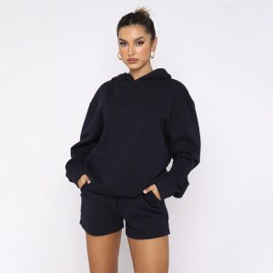 European and American Solid Color Pullover Hooded Long Sleeve Sweatshirt Women's Fashion Casual Shorts Set – Image 7