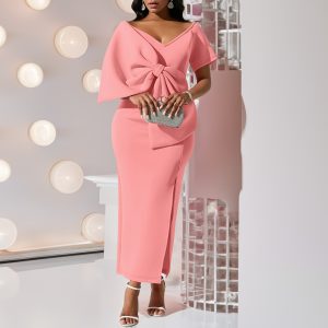 D395 party dress foreign trade women's sexy big bow slit dress hip skirt European and American dress – Image 4