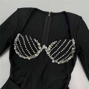 Robe Bandage à manches longues, tempérament européen et américain, jupe longue, robe de mode, industrie lourde, diamant diamant, tempérament des femmes, commerce extérieur – Image 4