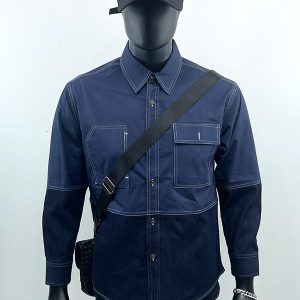 Nouveau Homme Tendance Marque Denim Couture Chemise Ji Ming Ligne Contraste Ample Casual Chemise À Manches Longues Hommes – Image 4