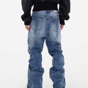 Big Destruction Tassel Brut Légèrement Flare Jambe Large Trou Empilé Bleu Clair Jeans Pantalon Marée – Image 4