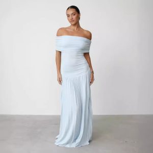 European and American cross-border dresses, one shoulder, elegant and sexy pleated, French beautiful long skirt, 2024 summer, new and versatile – Image 3