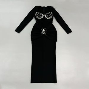 Robe Bandage à manches longues, tempérament européen et américain, jupe longue, robe de mode, industrie lourde, diamant diamant, tempérament des femmes, commerce extérieur – Image 3