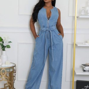 taille serrée slim stretch délavé combinaison en denim jambe droite ample – Image 4