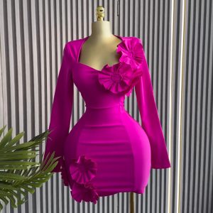 European and American women's clothing 2024 autumn new temperament, elegant square neck, large flower decoration, long-sleeved high-waisted thin dress – Image 3