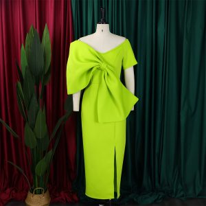 D395 party dress foreign trade women's sexy big bow slit dress hip skirt European and American dress – Image 6