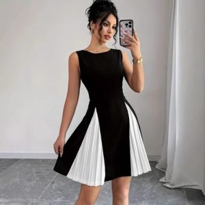 European and American autumn and winter new temperament simple color-block press pleated dress black and white – Image 4
