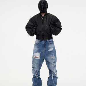 Big Destruction Tassel Brut Légèrement Flare Jambe Large Trou Empilé Bleu Clair Jeans Pantalon Marée – Image 3