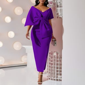 D395 party dress foreign trade women's sexy big bow slit dress hip skirt European and American dress – Image 3