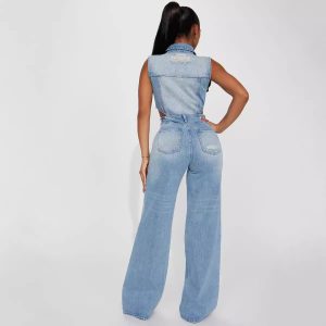 Taille serrée slim stretch délavé combinaison en denim droit ample – Image 3