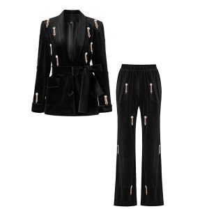 Heavy industry beaded autumn and winter midi lace-up velvet suit elastic waist wide-leg pants suit fashion two-piece trend – Image 6