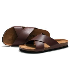 RUIZUSTOCK Été Nouveau Hommes Liège Pantoufles Chaussures De Plage Étudiant Croix Bretelles Pin Sandales – Image 3