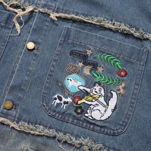 fashion brand denim shirt washed tassel cartoon embroidery short-sleeved shirt – Image 3