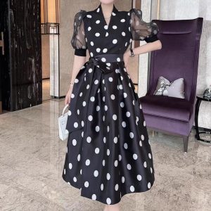 Polka dot waist tie dress spring and summer new French small fragrance short sleeve midi long skirt – Image 3