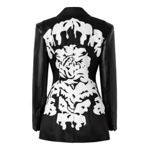 Spring new design PU leather sleeve stitching print slim waist blazer cross-border – Image 5