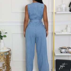 taille serrée slim stretch délavé combinaison en denim jambe droite ample – Image 3