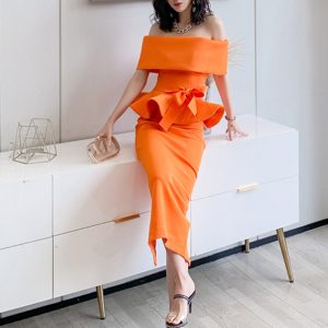 hot selling European and American foreign trade women's one-shoulder dress two-piece ruffle hip dress women – Image 4