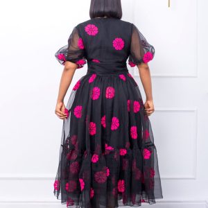 sleeve round neck pullover print mesh swing long dress – Image 3