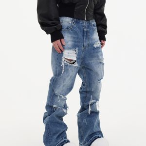 Big Destruction Tassel Brut Légèrement Flare Jambe Large Trou Empilé Bleu Clair Jeans Pantalon Marée – Image 5