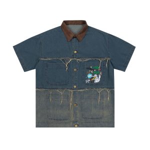 fashion brand denim shirt washed tassel cartoon embroidery short-sleeved shirt – Image 5