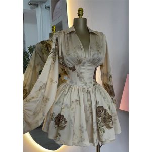 European and American women's clothing 2025 spring new temperament elegant print V-neck balloon sleeve high-waisted dress short skirt – Image 4